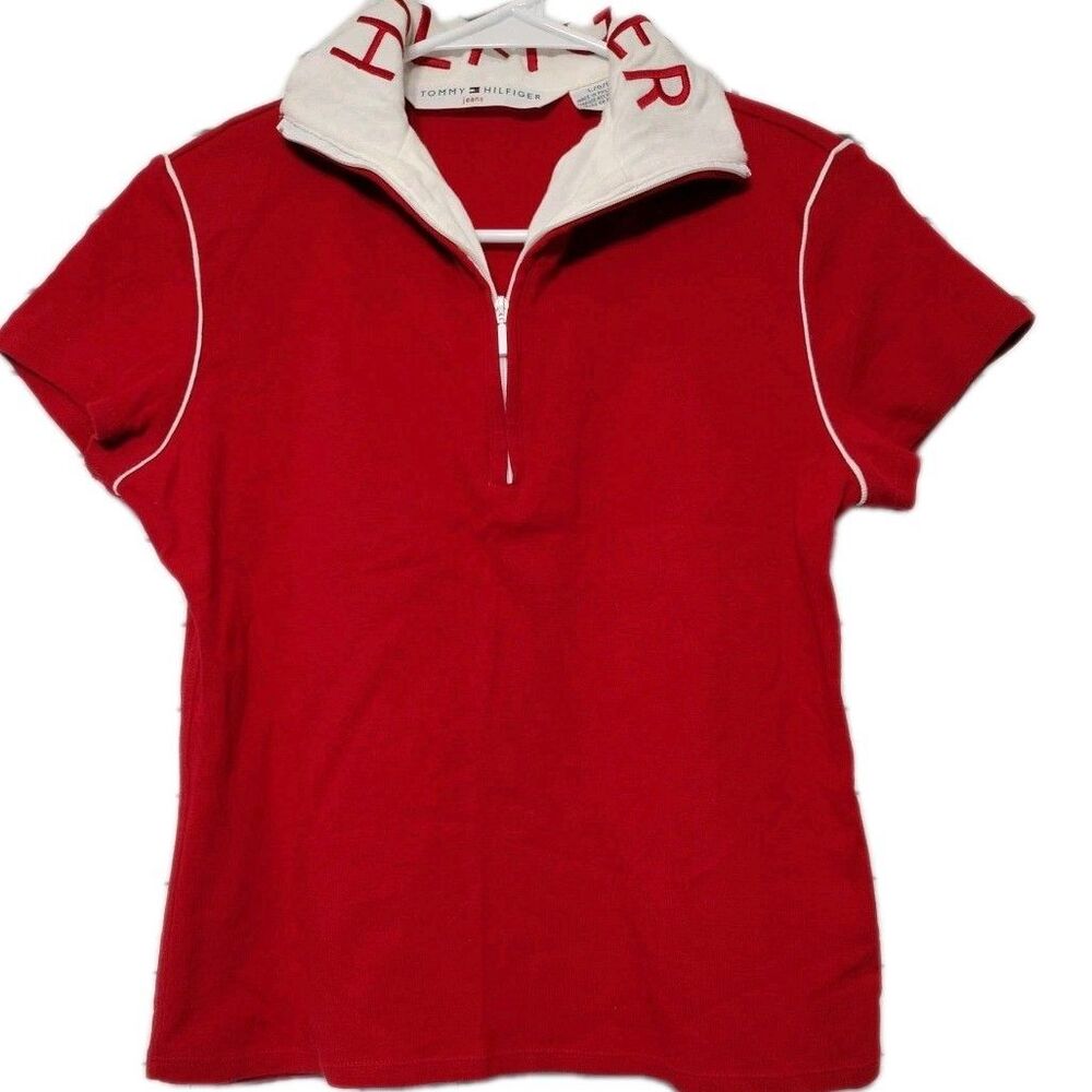 TOMMY HILFIGER Y2K WOMANS 1/4 Zip RED Polo SZ L Fit Lk A Med Embroidered Collar